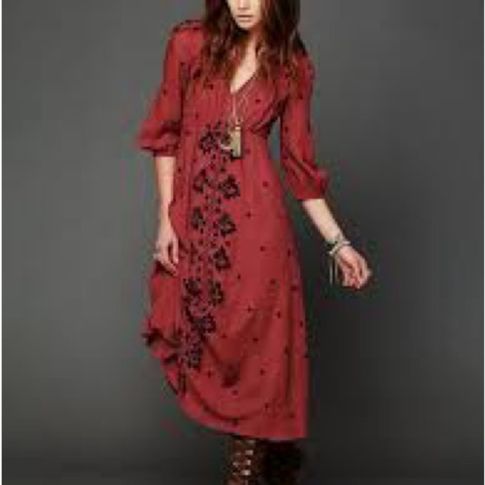Free People Bohemian Floral Embroidered Fable Red Dress
